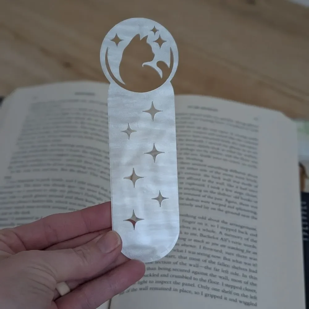 Pearl White 'Celestial Cat' and 'Moon Paperclip' Acrylic Bookmarks, unique gift!